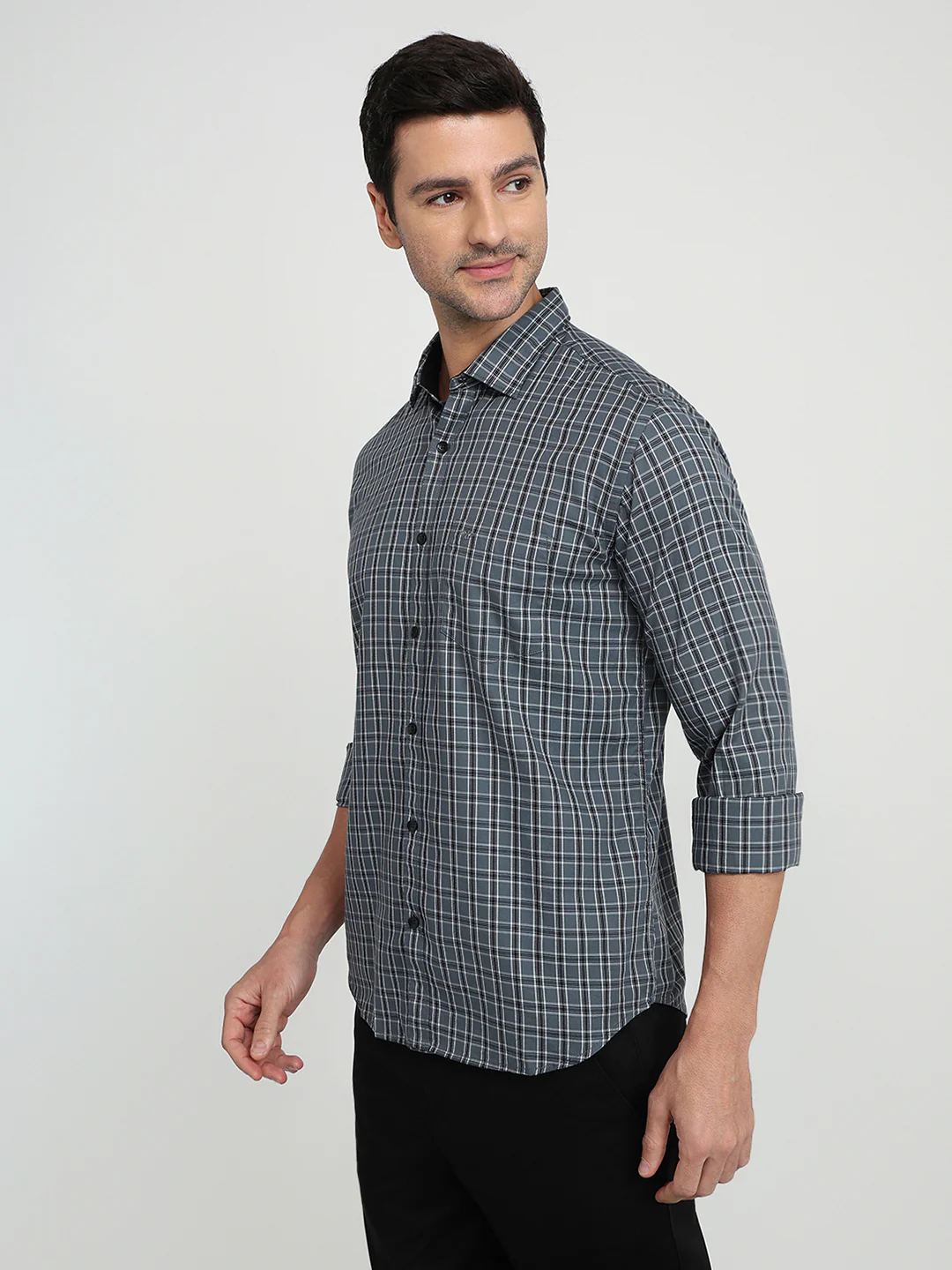 Park Avenue Men Grey Checks Slim Fit Cotton Full Sleeve Casual Shirt - Image 2