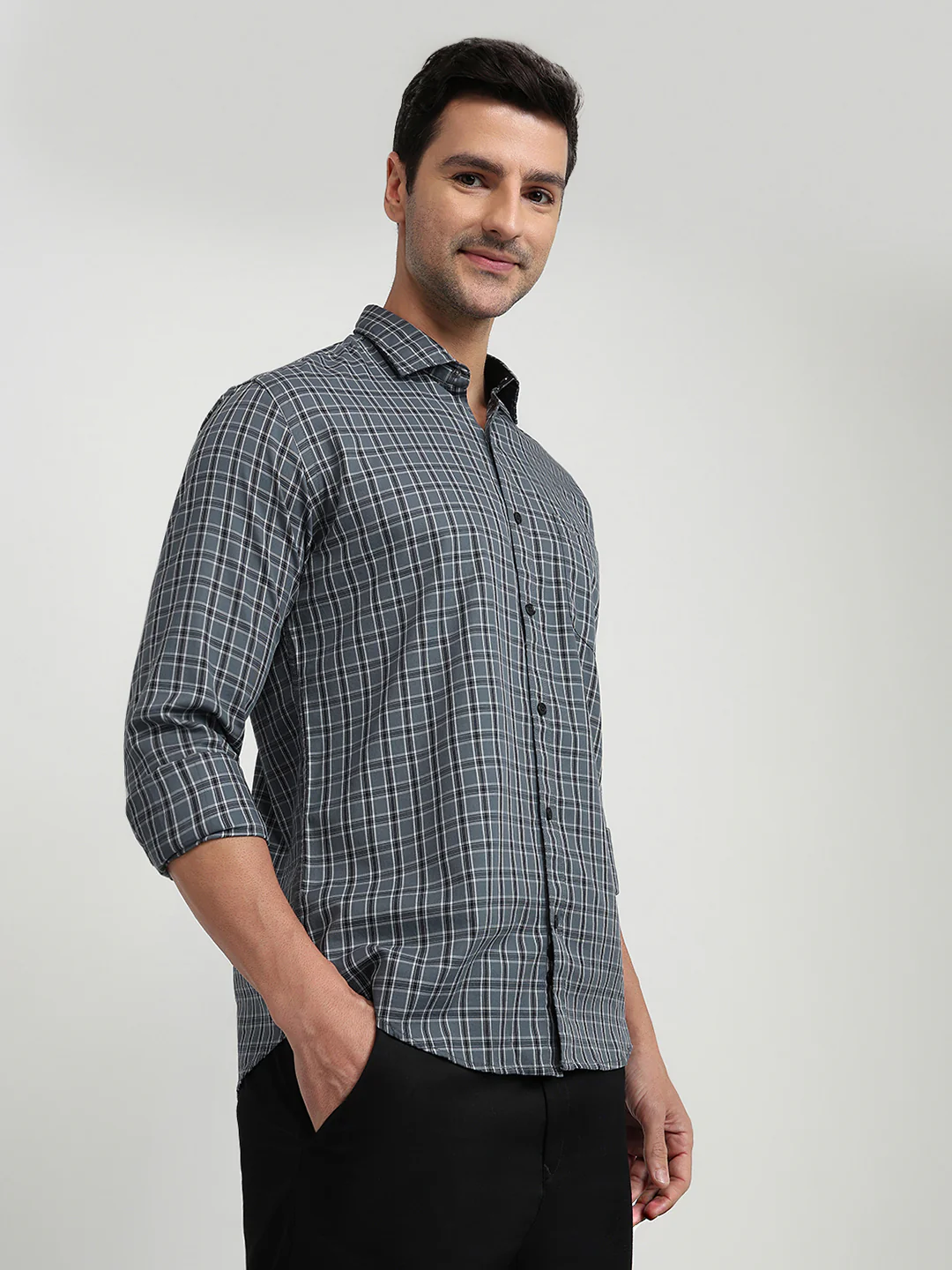 Park Avenue Men Grey Checks Slim Fit Cotton Full Sleeve Casual Shirt - Image 3