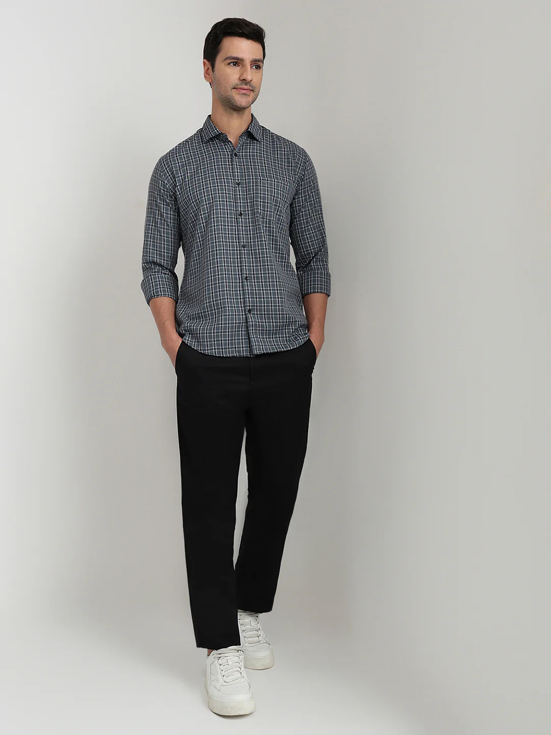 Park Avenue Men Grey Checks Slim Fit Cotton Full Sleeve Casual Shirt - Image 5