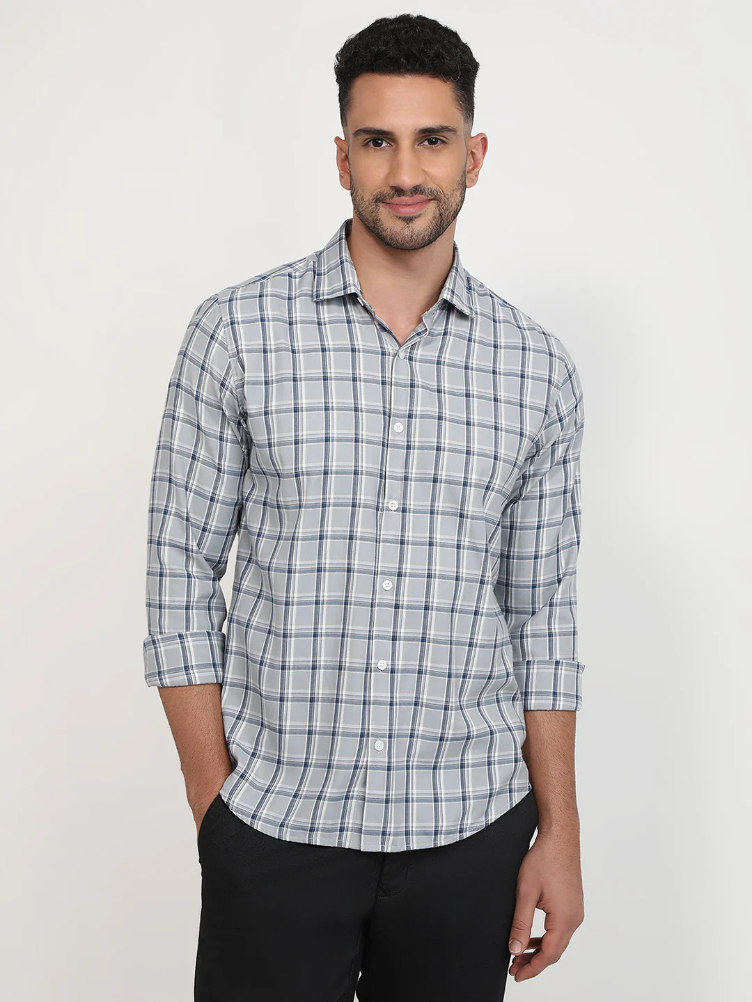 Park Avenue Men Grey Checks Slim Fit Polyester Blend Casual Shirt