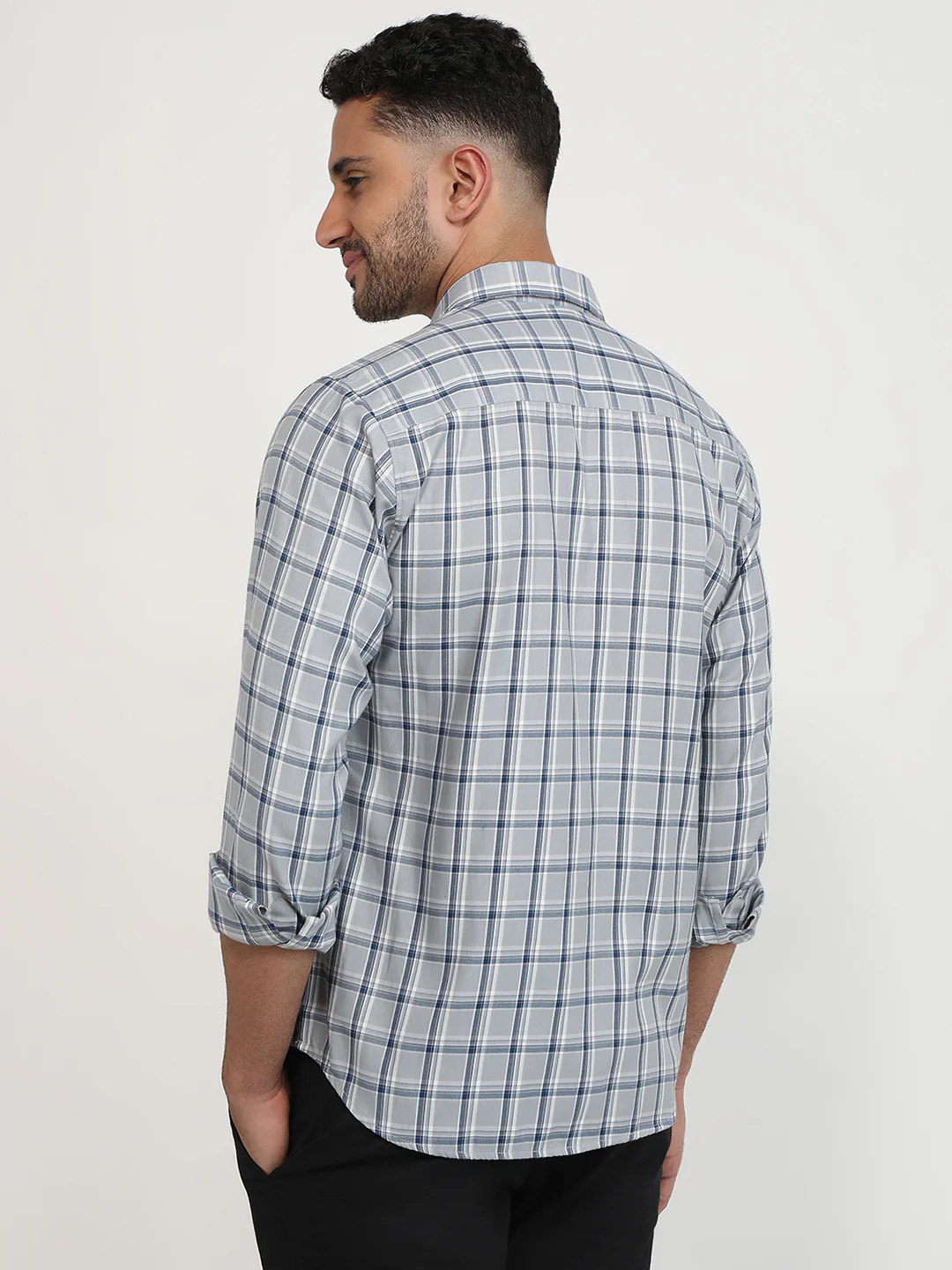 Park Avenue Men Grey Checks Slim Fit Polyester Blend Casual Shirt - Image 4