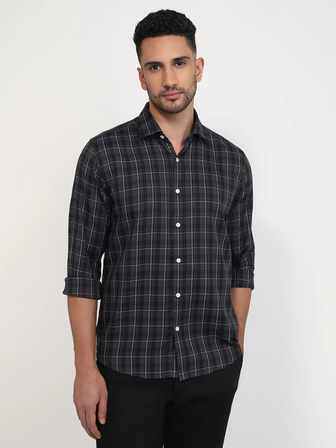 Park Avenue Men Grey Checks Slim Fit Polyester Blend Casual Shirt
