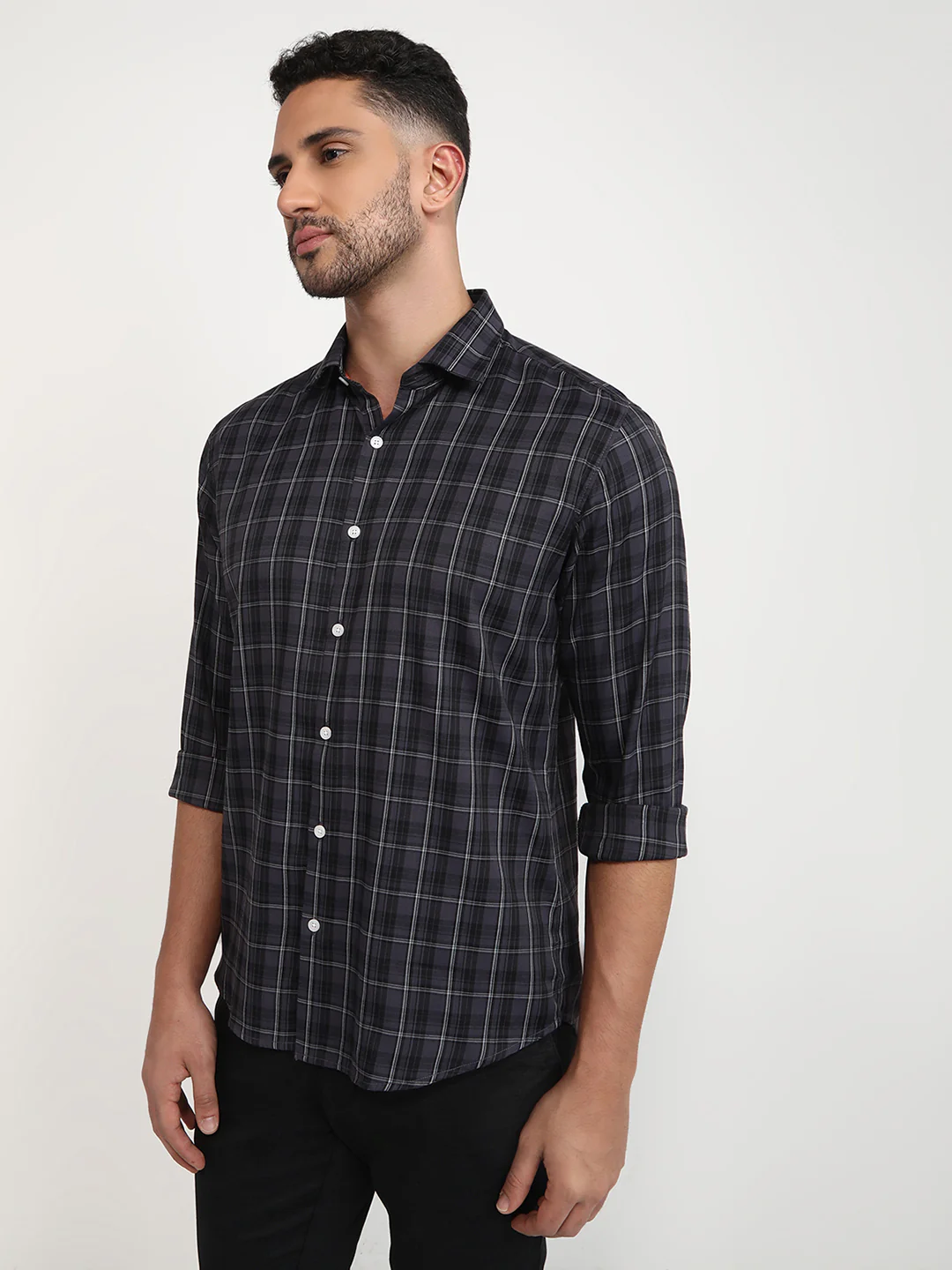 Park Avenue Men Grey Checks Slim Fit Polyester Blend Casual Shirt - Image 2