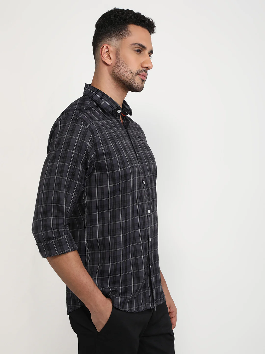 Park Avenue Men Grey Checks Slim Fit Polyester Blend Casual Shirt - Image 3