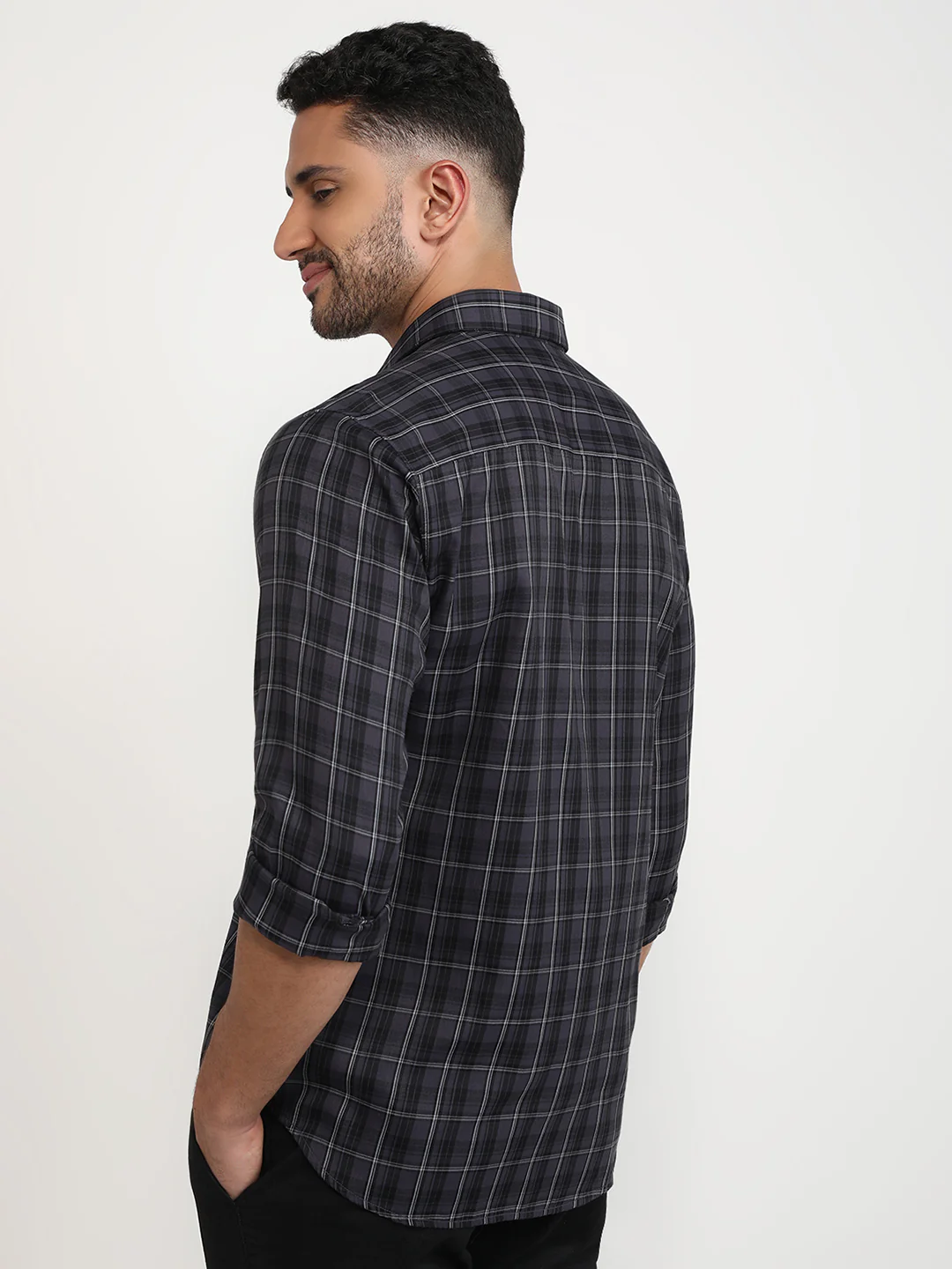 Park Avenue Men Grey Checks Slim Fit Polyester Blend Casual Shirt - Image 4