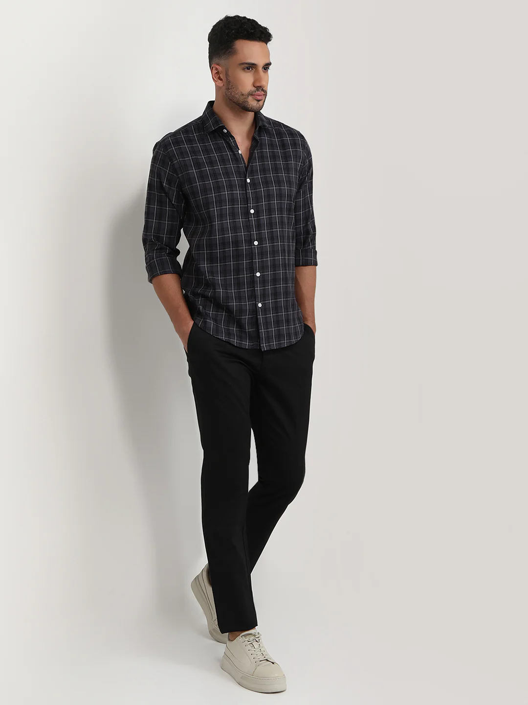 Park Avenue Men Grey Checks Slim Fit Polyester Blend Casual Shirt - Image 5