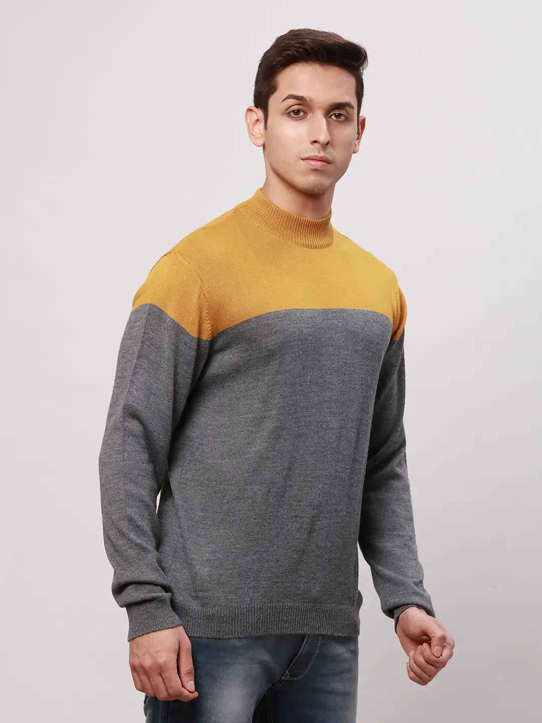 Park Avenue Men Grey Colorblock Regular Acrylic Blend Full Sleeve V Neck Pullover - Image 2