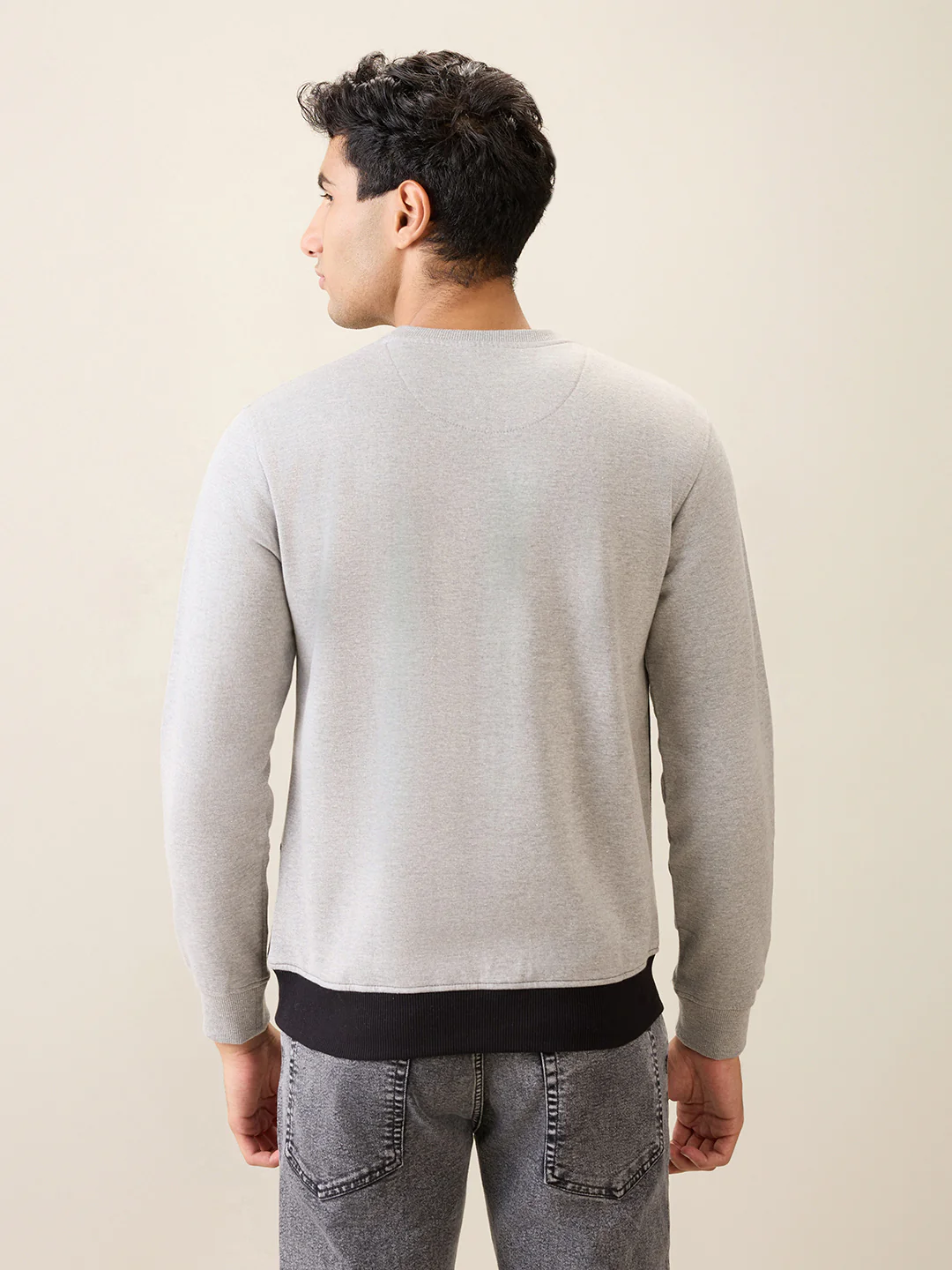 Park Avenue Men Grey Cut & Sew Slim Fit Cotton Blend Crew Neck Collar Sweatshirt - Image 4