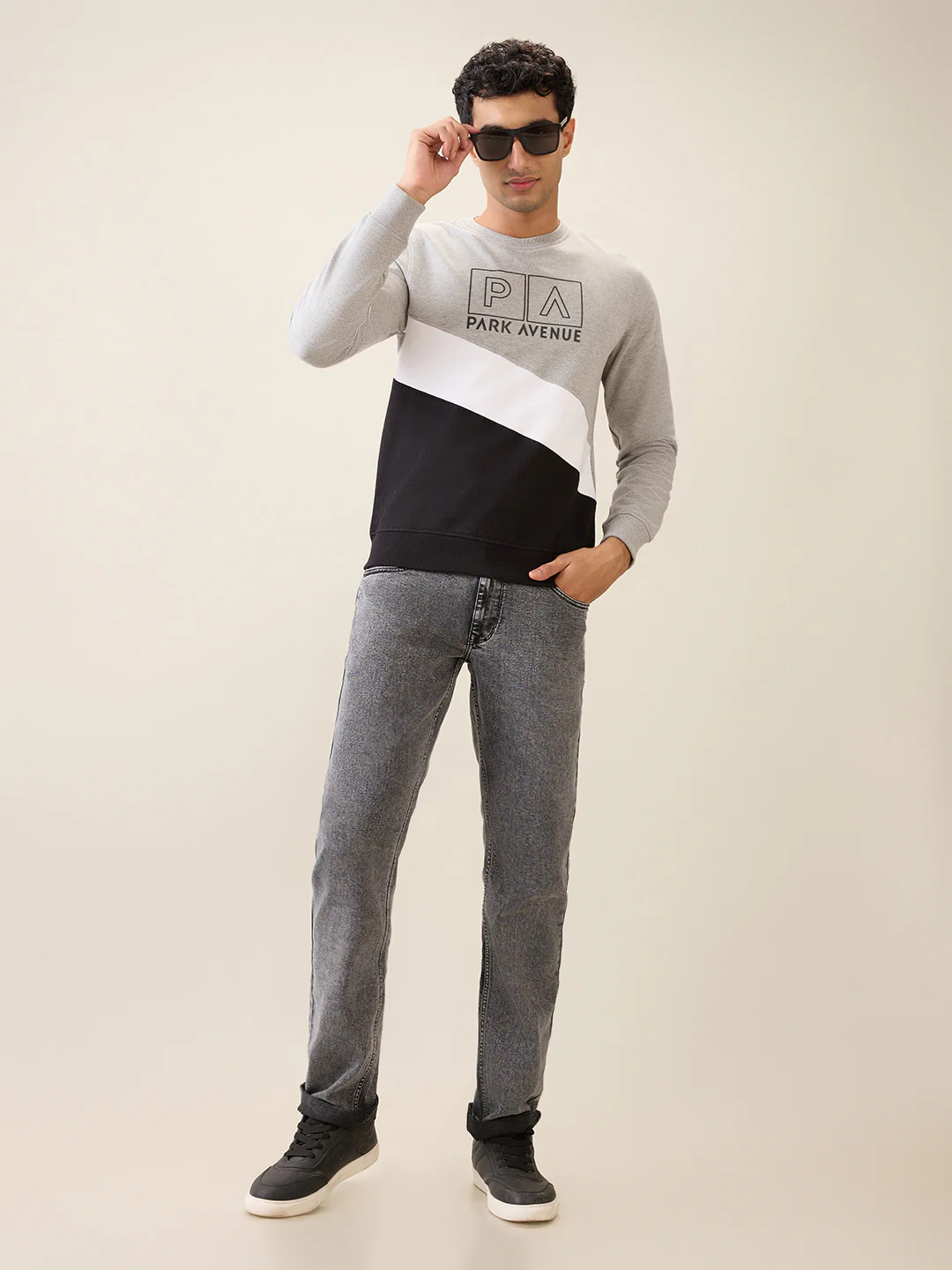 Park Avenue Men Grey Cut & Sew Slim Fit Cotton Blend Crew Neck Collar Sweatshirt - Image 6
