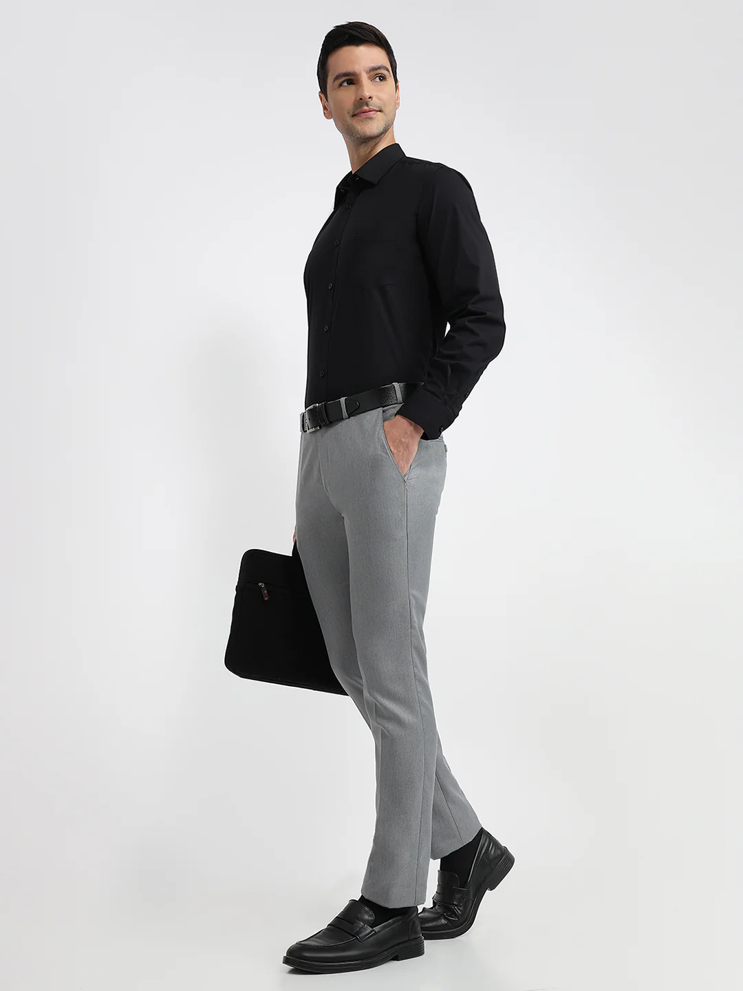 Park Avenue Men Grey Dobby Slim Fit Polyester Blend Trouser - Image 5
