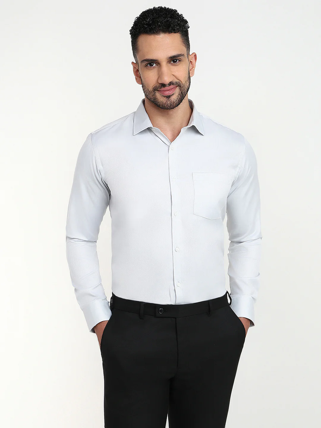 Park Avenue Men Grey Herringbone Slim Fit Cotton Blend Formal Shirt