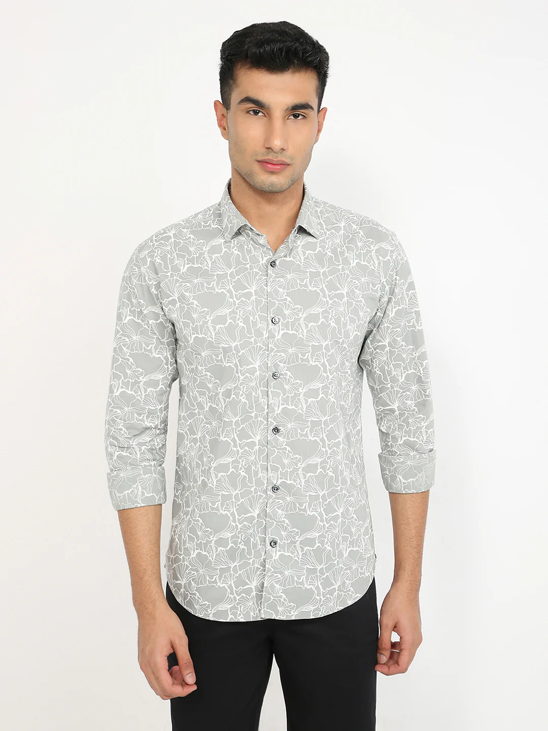 Park Avenue Men Grey Print Slim Fit Cotton Casual Shirt