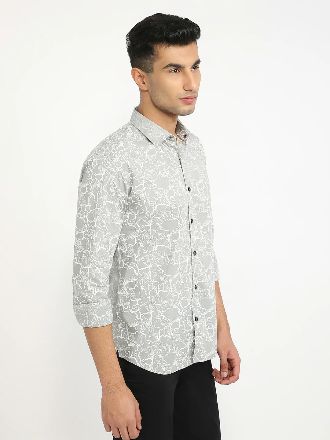 Park Avenue Men Grey Print Slim Fit Cotton Casual Shirt - Image 2