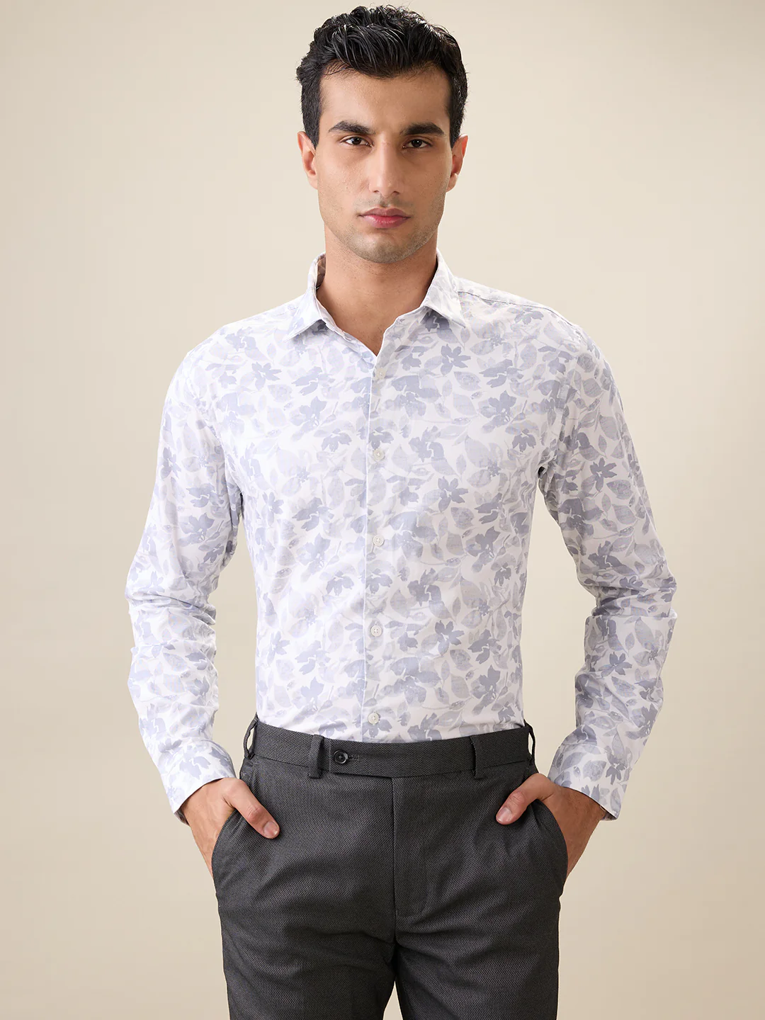 Park Avenue Men Grey Print Slim Fit Cotton Shirt