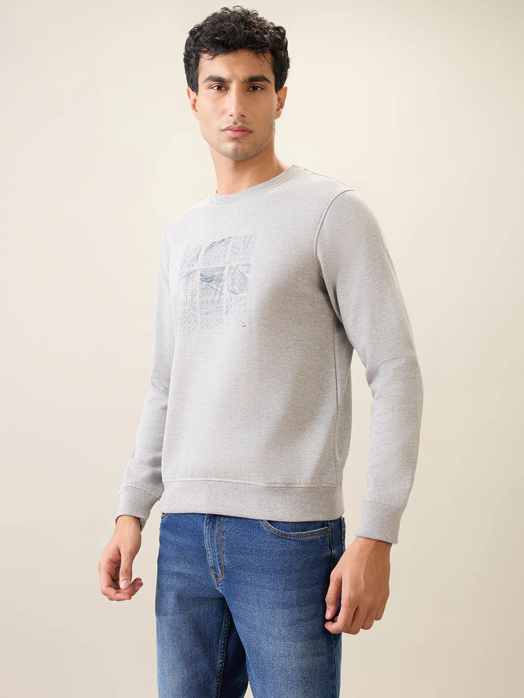 Park Avenue Men Grey Printed Slim Fit Cotton Blend Round Neck Collar Sweatshirt - Image 2