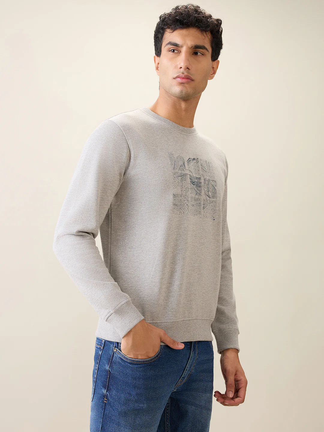 Park Avenue Men Grey Printed Slim Fit Cotton Blend Round Neck Collar Sweatshirt - Image 3