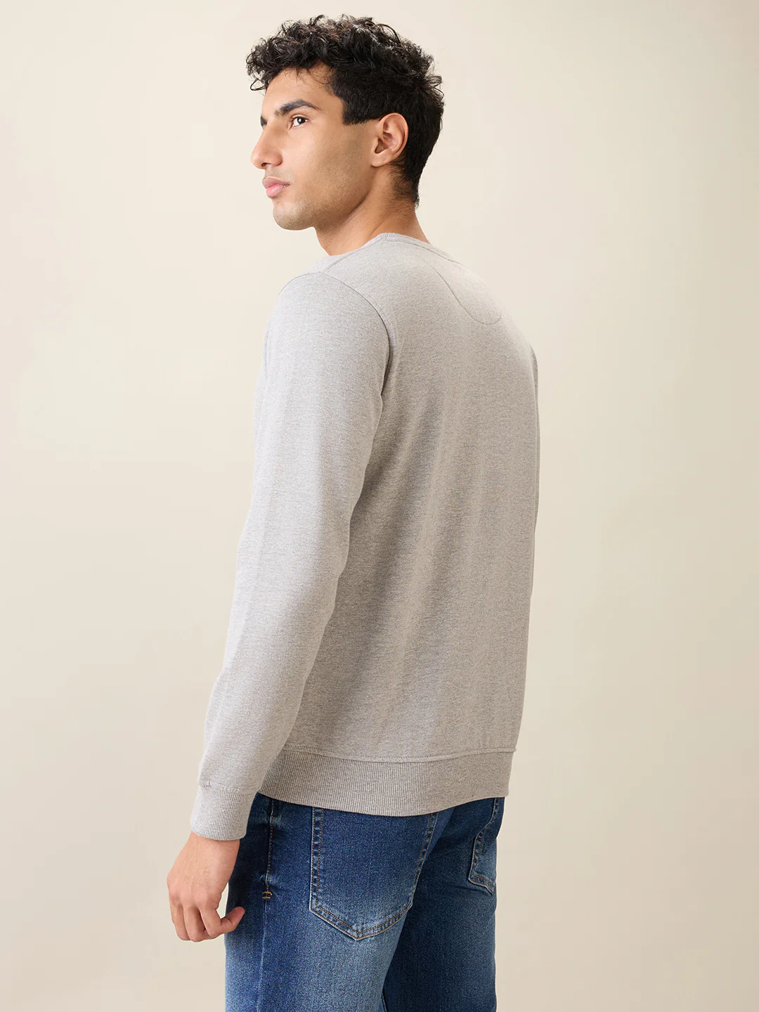 Park Avenue Men Grey Printed Slim Fit Cotton Blend Round Neck Collar Sweatshirt - Image 4