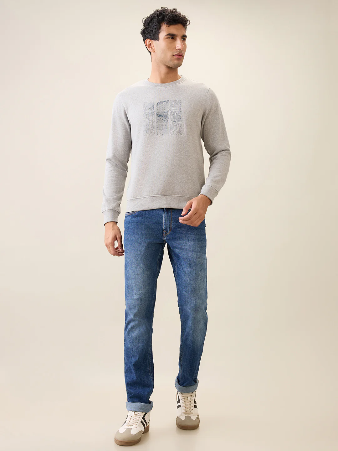 Park Avenue Men Grey Printed Slim Fit Cotton Blend Round Neck Collar Sweatshirt - Image 5