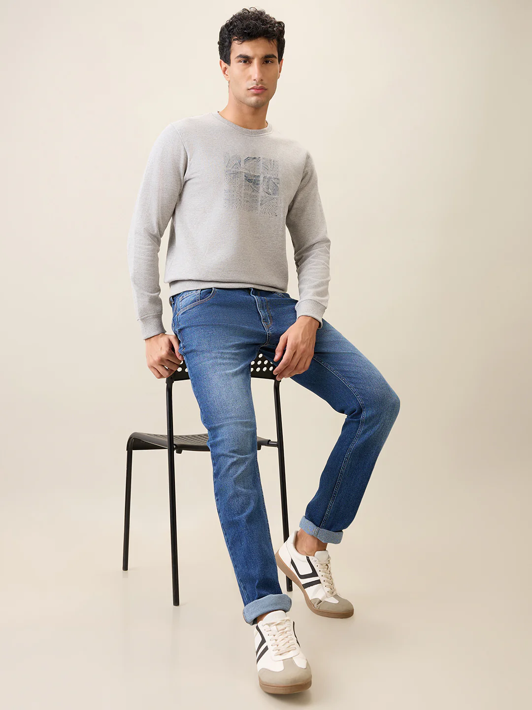 Park Avenue Men Grey Printed Slim Fit Cotton Blend Round Neck Collar Sweatshirt - Image 6