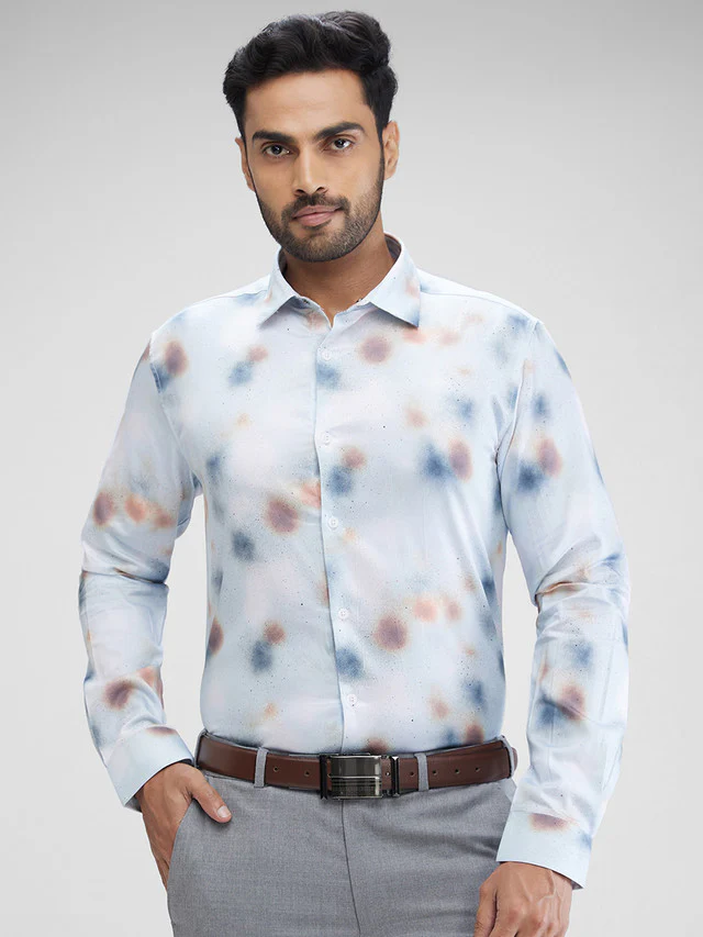 Park Avenue Men Grey Printed Slim Fit Full Sleeve Cut Away Collar Shirt