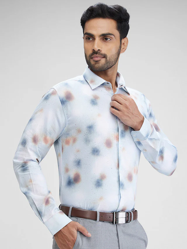 Park Avenue Men Grey Printed Slim Fit Full Sleeve Cut Away Collar Shirt - Image 2