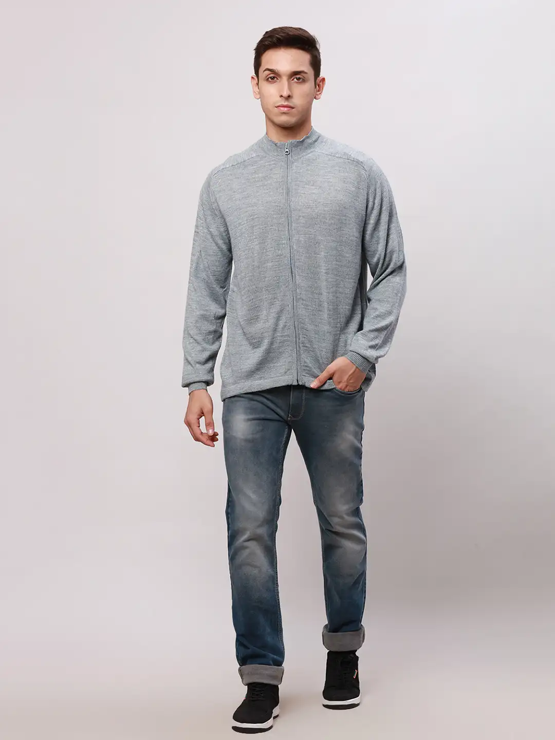 Park Avenue Men Grey Regular Fit Solid Cotton Full Sleeve V Neck Collar Pullovers - Image 5