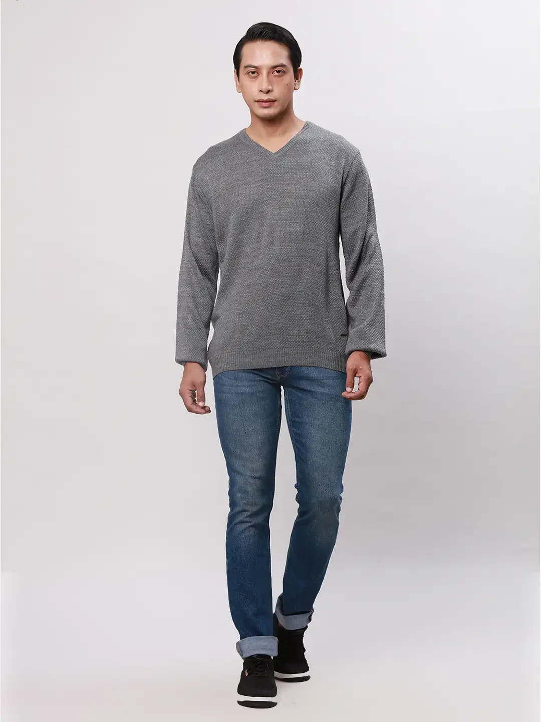 Park Avenue Men Grey Solid Regular Acrylic Full Sleeve Pullover - Image 5