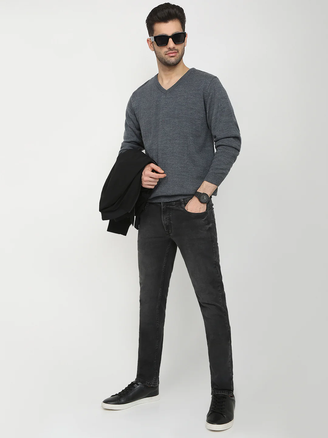 Park Avenue Men Grey Solid Regular Fit Acrylic Blend Sweater - Image 5