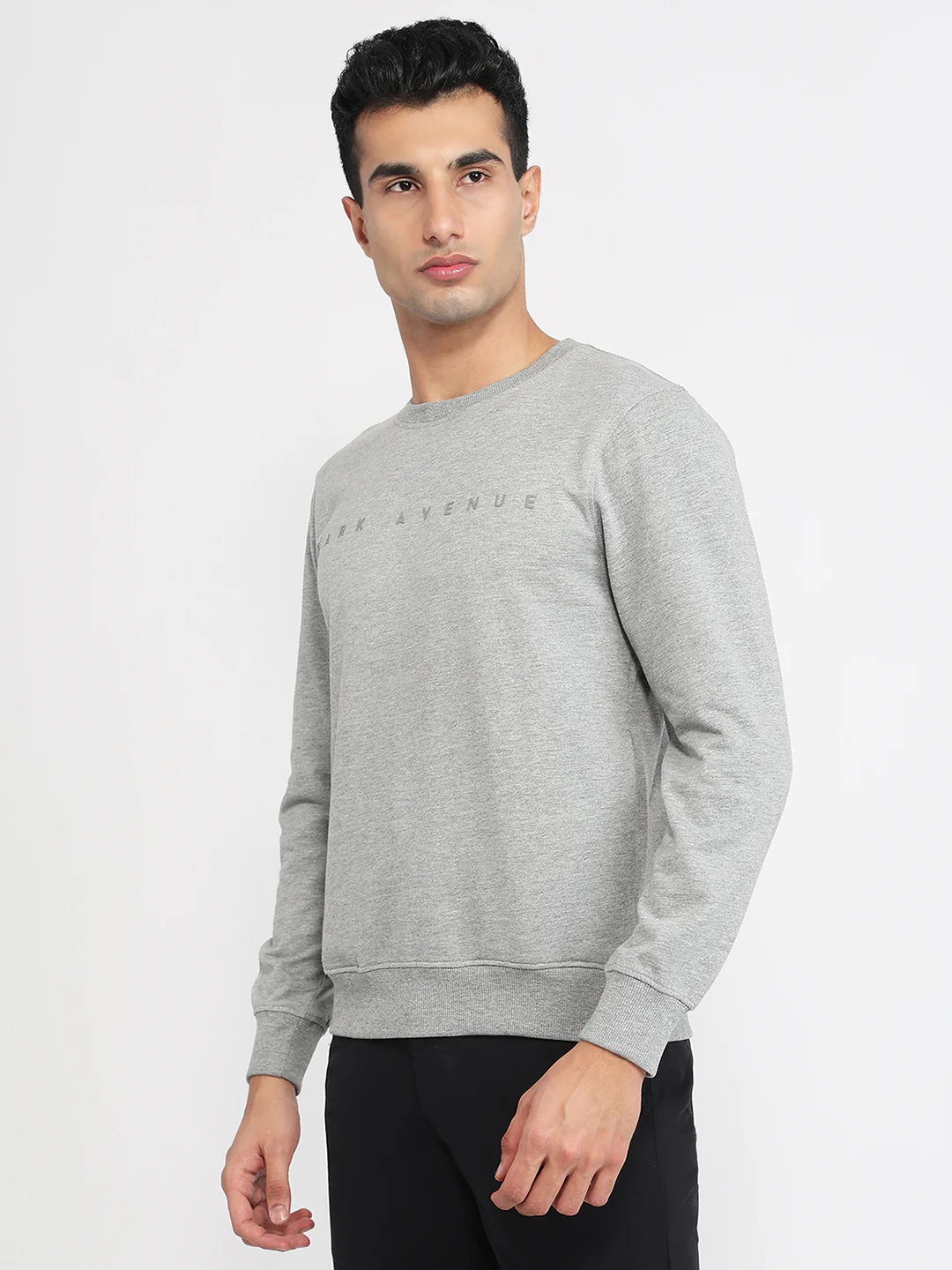 Park Avenue Men Grey Solid Slim Fit Cotton Blend Sweatshirt - Image 2