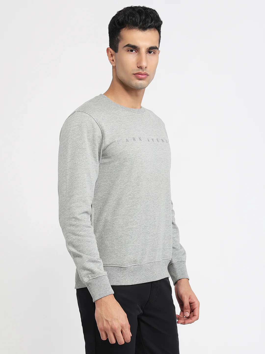 Park Avenue Men Grey Solid Slim Fit Cotton Blend Sweatshirt - Image 3