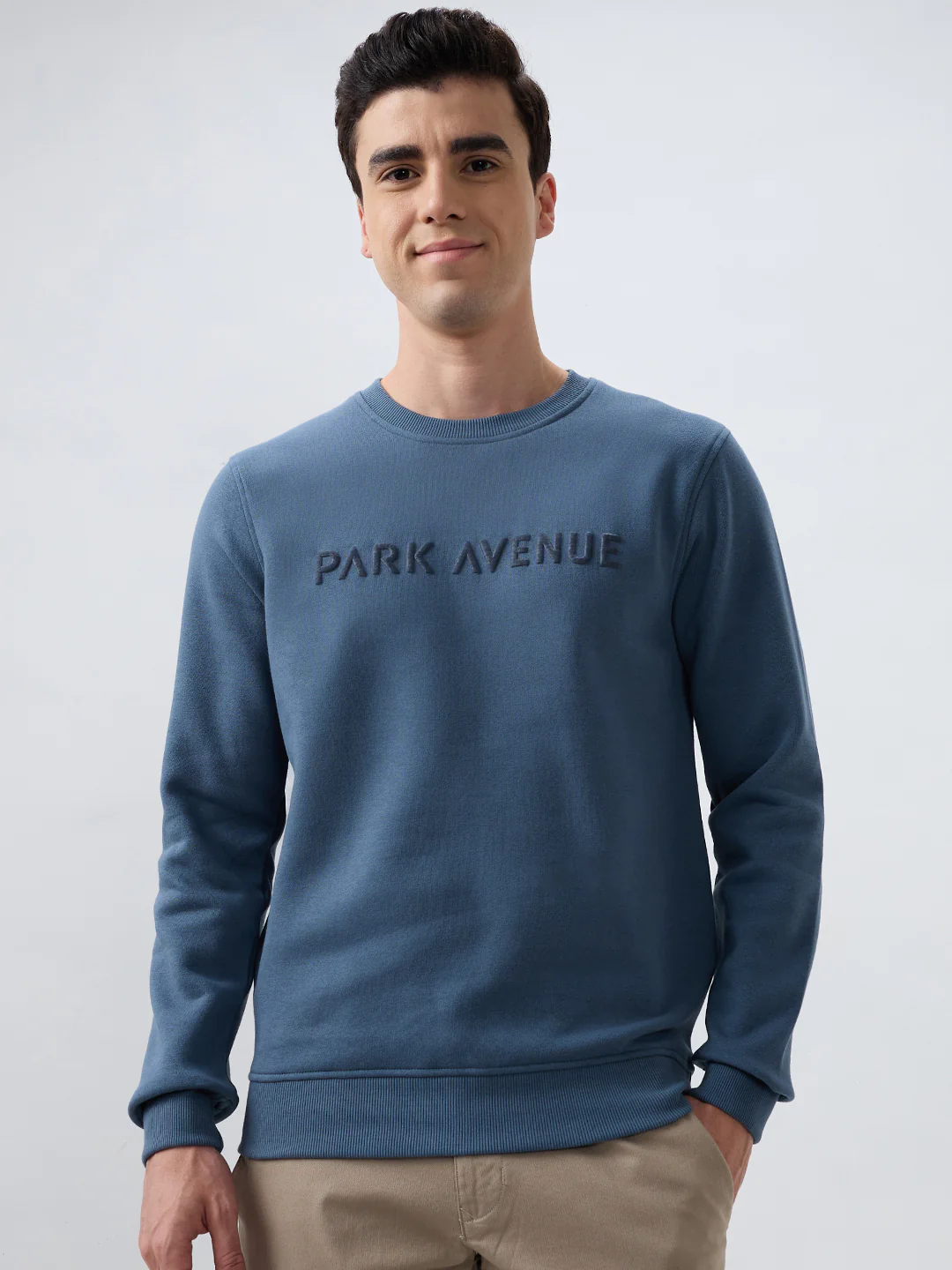 Park Avenue Men Grey Solid Slim Fit Cotton Blend Sweatshirt