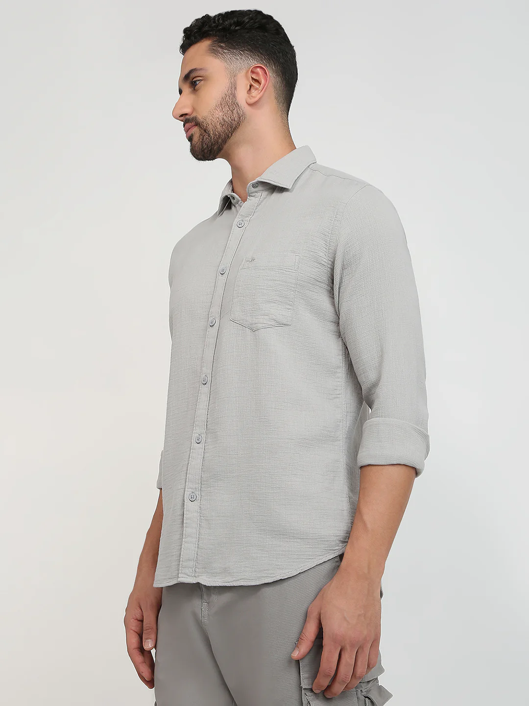 Park Avenue Men Grey Solid Slim Fit Cotton Casual Shirt - Image 9