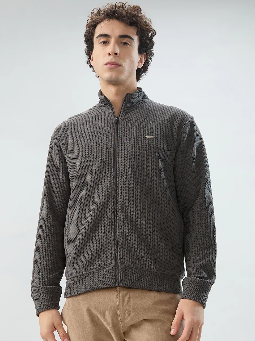 Park Avenue Men Grey Solid Slim Fit Polyester Blend Sweatshirt