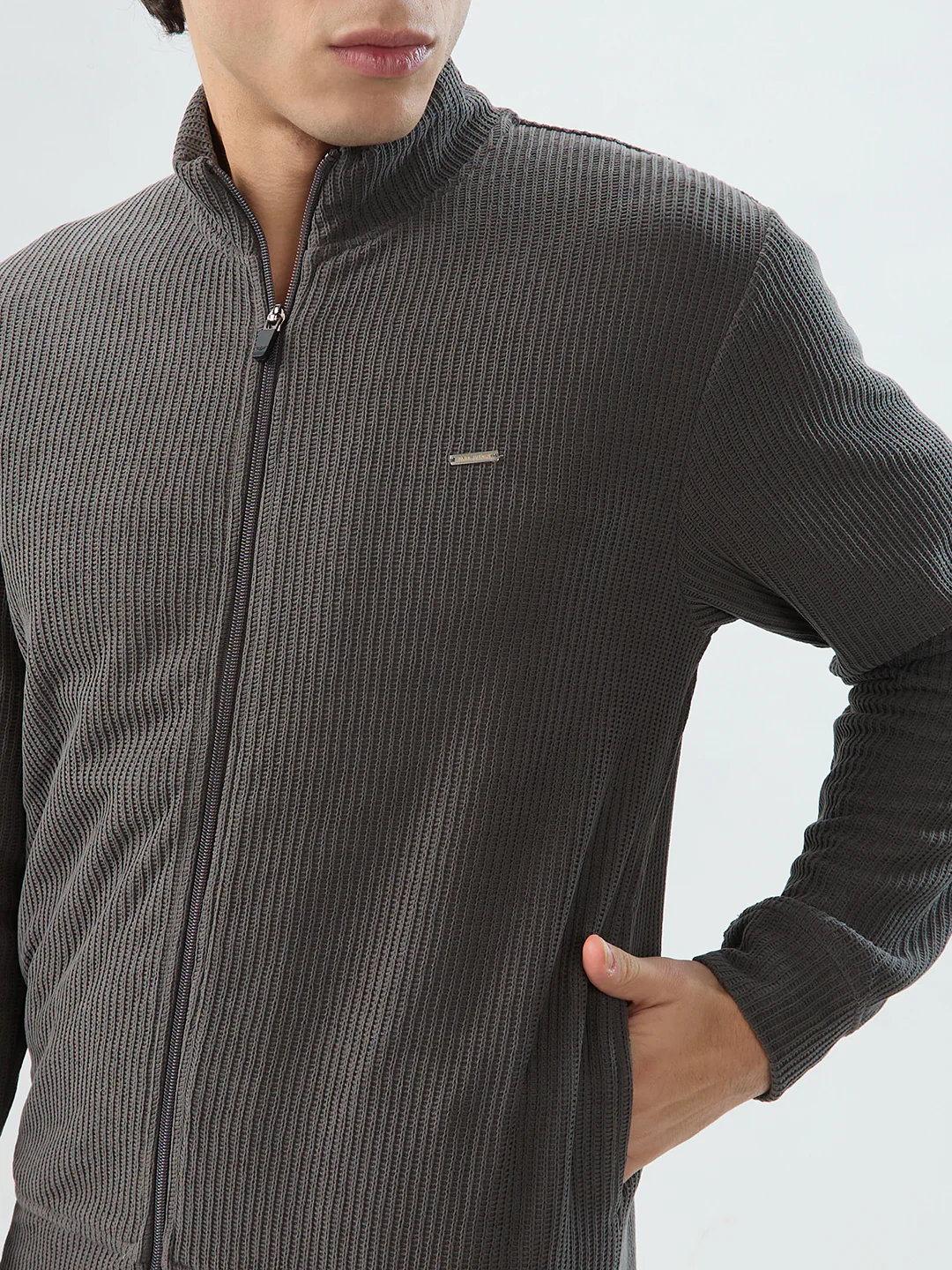 Park Avenue Men Grey Solid Slim Fit Polyester Blend Sweatshirt - Image 6
