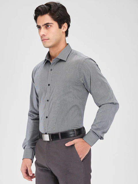 Park Avenue Men Grey Stripe Slim Fit Cotton Blend Shirt - Image 3