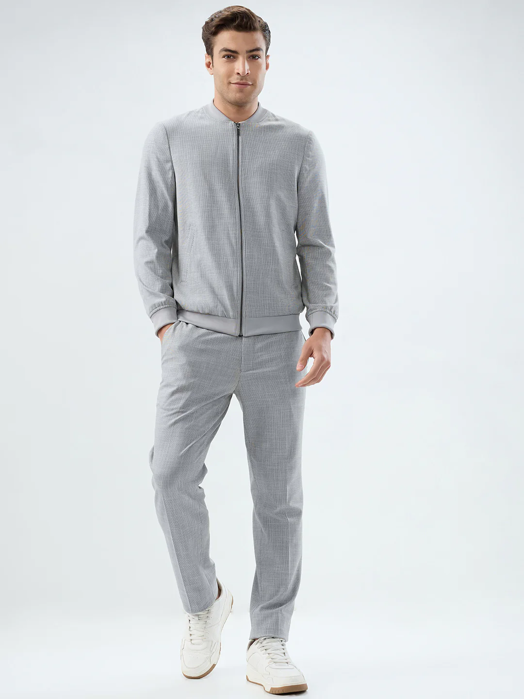 Park Avenue Men Grey Structure Neo Fit Polyester Blend Suit