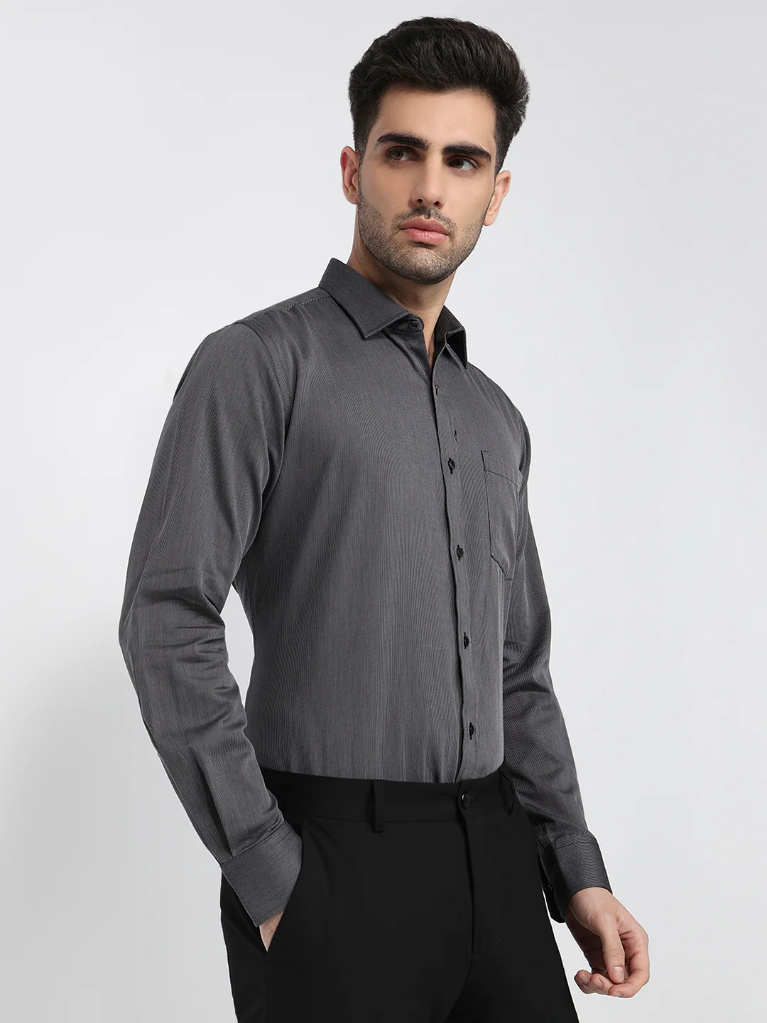 Park Avenue Men Grey Structure Slim Fit Cotton Shirt - Image 3