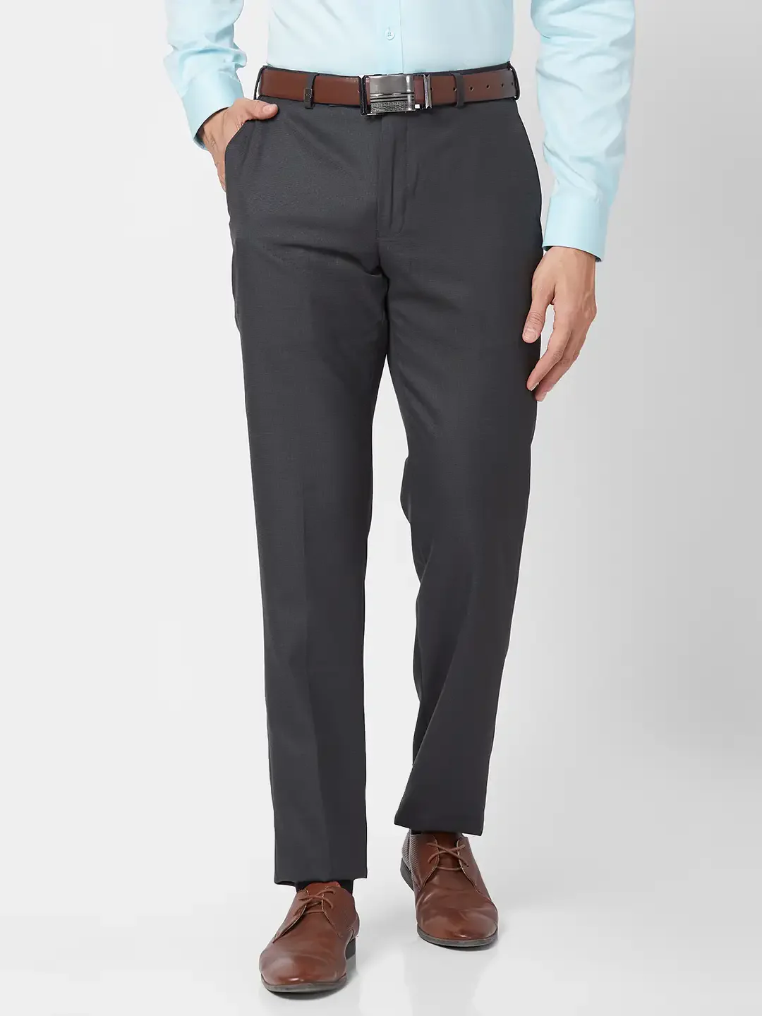 Park Avenue Men Grey Structure Smart Fit Polyester Blend Trouser