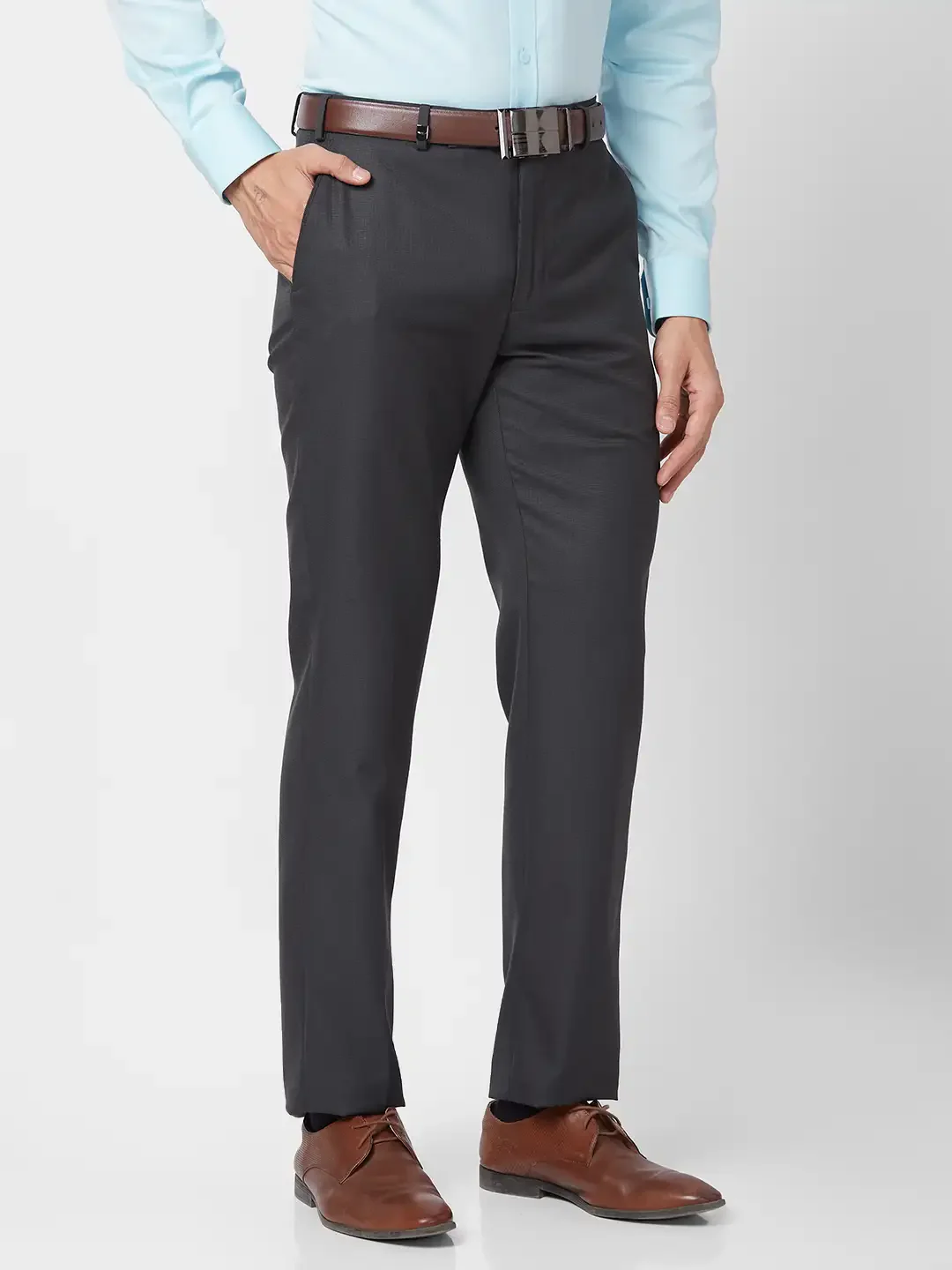 Park Avenue Men Grey Structure Smart Fit Polyester Blend Trouser - Image 2