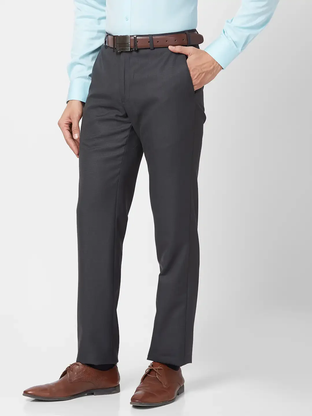 Park Avenue Men Grey Structure Smart Fit Polyester Blend Trouser - Image 3