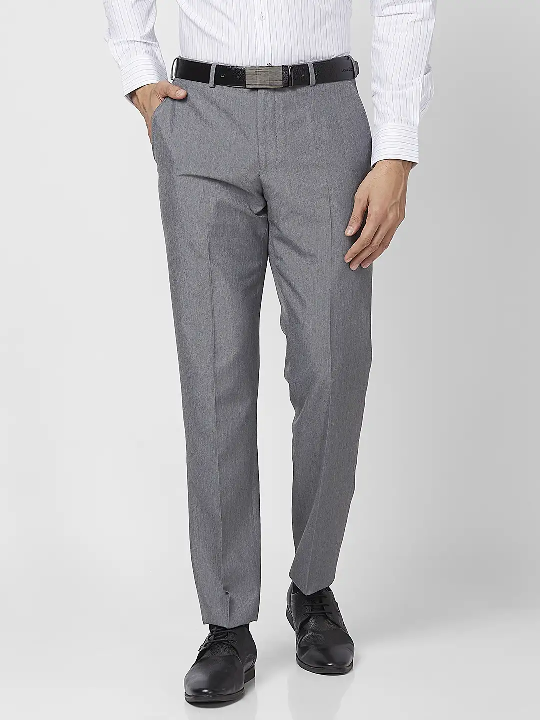 Park Avenue Men Grey Structure Smart Fit Polyester Blend Trouser