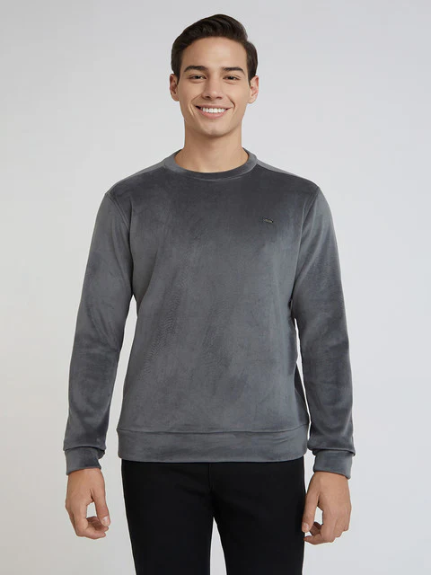 Park Avenue Men Grey Velvet Slim Fit Polyester Blend Sweatshirt