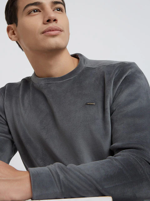 Park Avenue Men Grey Velvet Slim Fit Polyester Blend Sweatshirt - Image 6