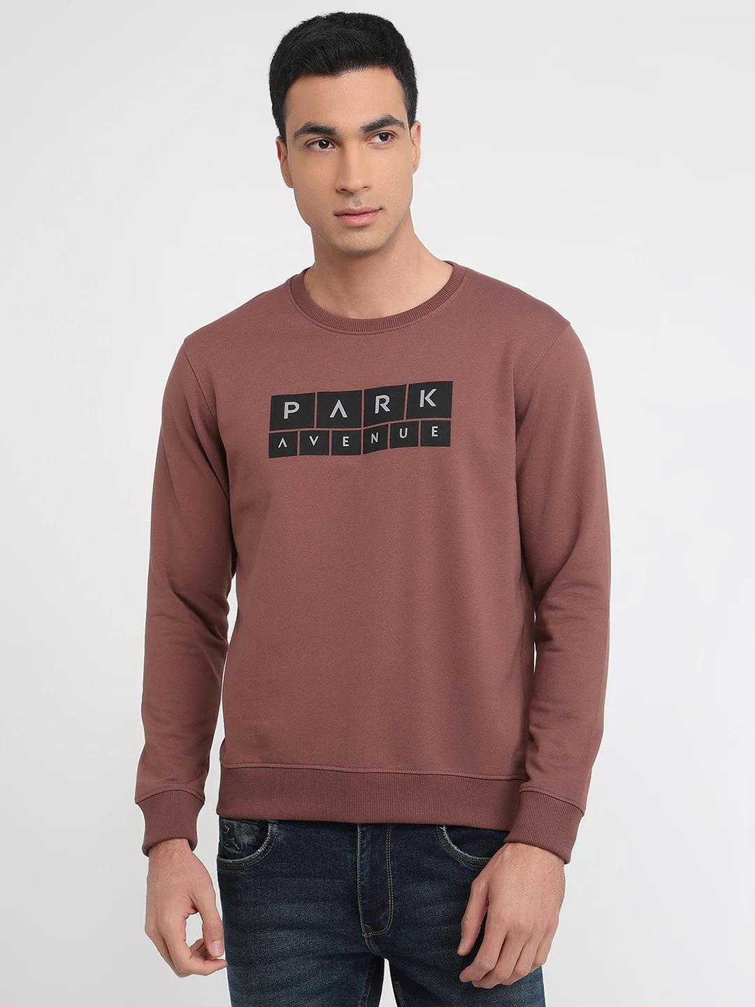 Park Avenue Men Khaki Print Slim Fit Cotton Blend Sweatshirt