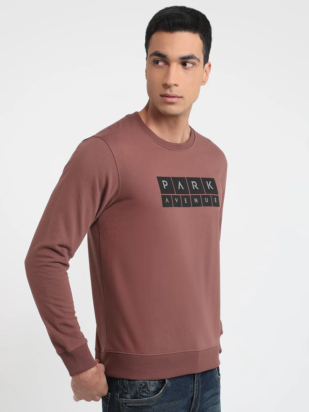 Park Avenue Men Khaki Print Slim Fit Cotton Blend Sweatshirt - Image 3