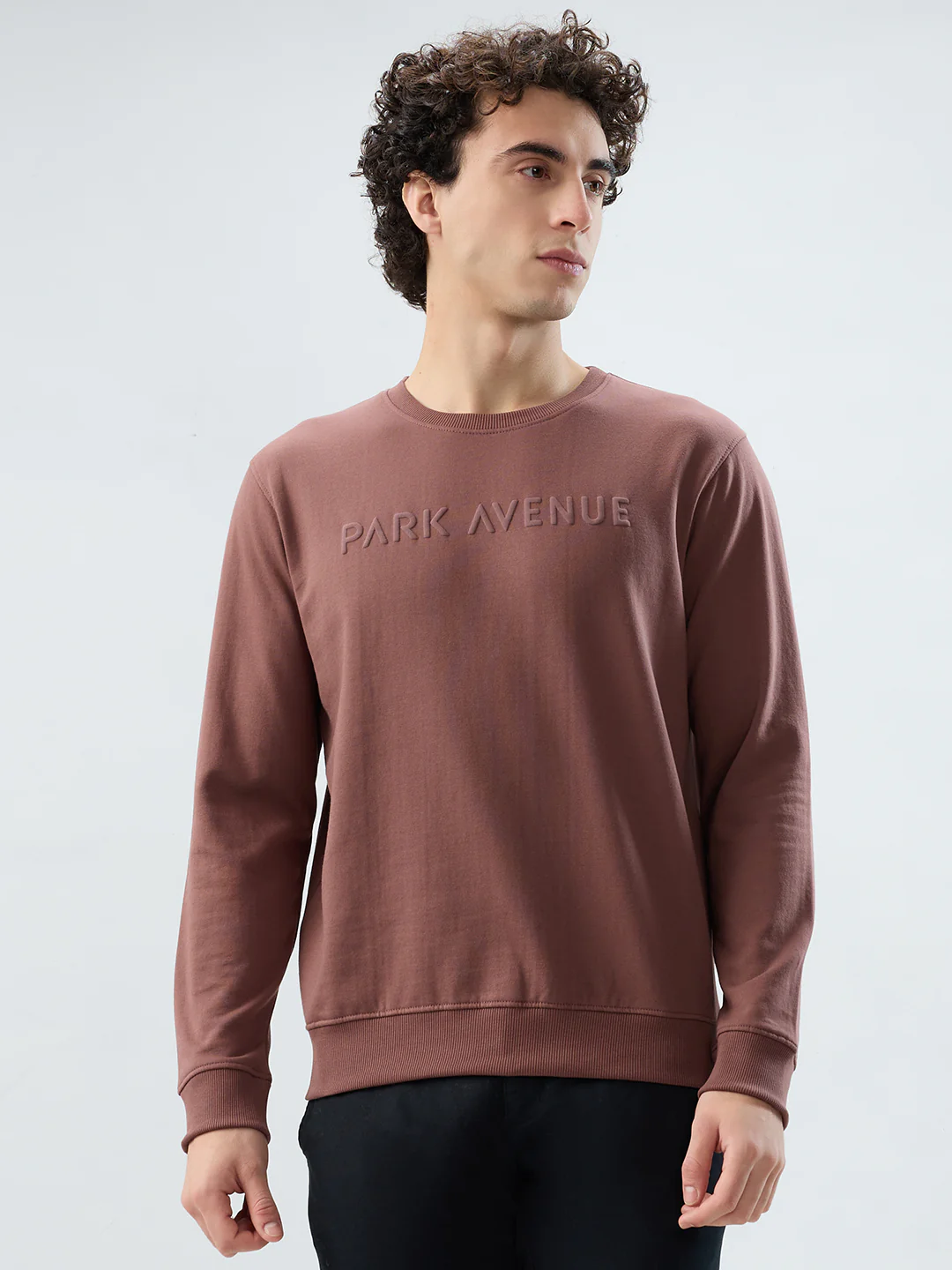 Park Avenue Men Khaki Solid Slim Fit Cotton Blend Sweatshirt