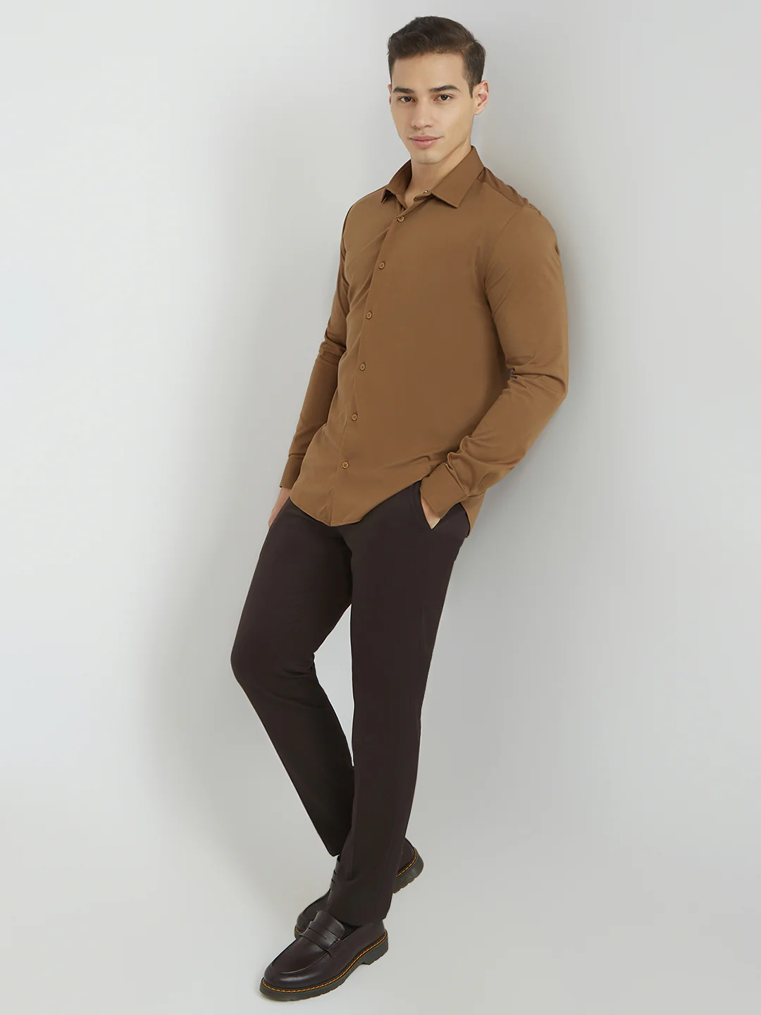 Park Avenue Men Khaki Solid Slim Fit Rayon Blend Shirt - Image 5
