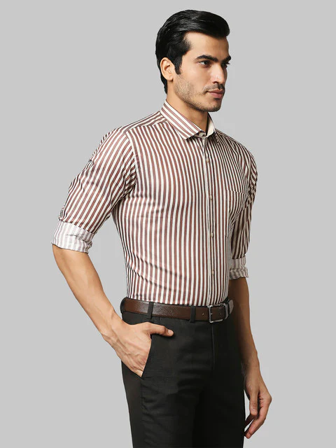 Park Avenue Men Khaki Stripe Slim Fit Cotton Shirt - Image 2