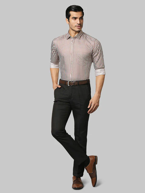 Park Avenue Men Khaki Stripe Slim Fit Cotton Shirt - Image 5