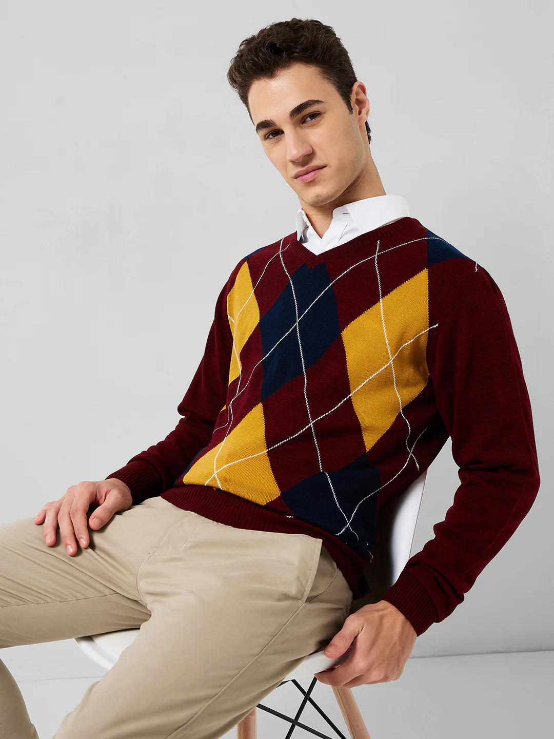Park Avenue Men Maroon Argyle Regular Fit Acrylic Sweaters - Image 6